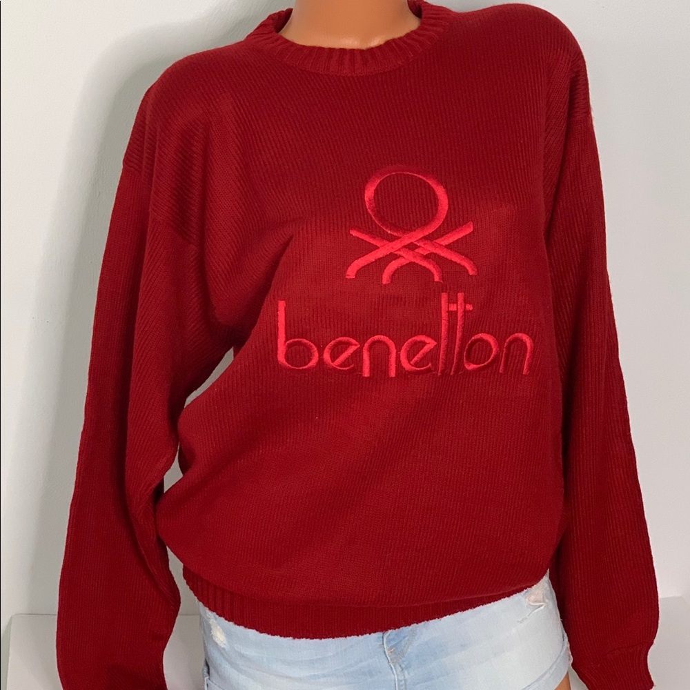 VTG Benetton Red Sweater Italy Men L Women's XL